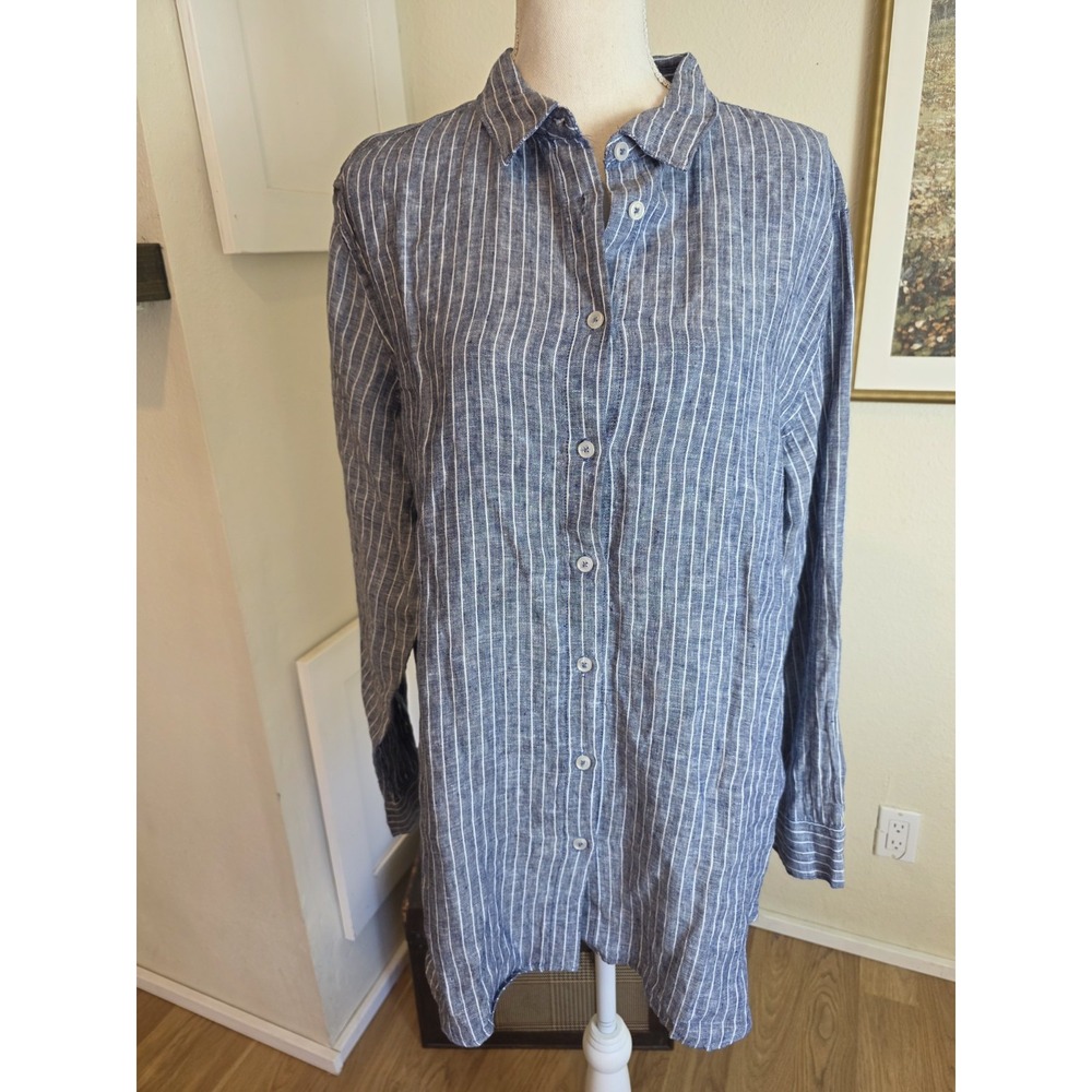 Quince 100% European Linen Maternity Long Sleeve Shirt Blue Pinstripe Size Large